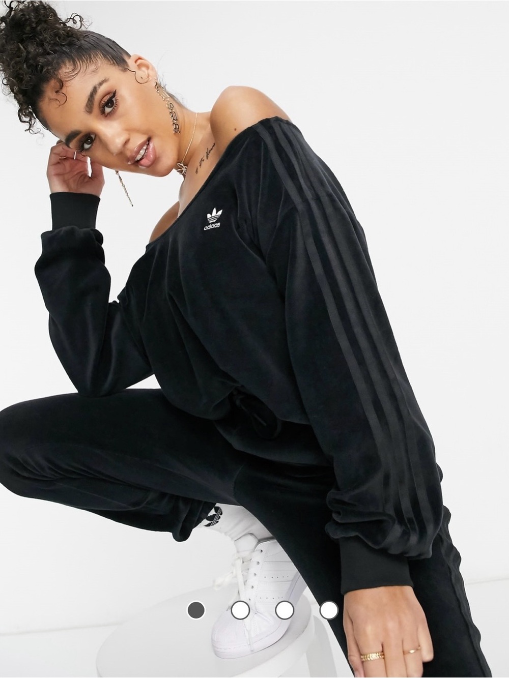 adidas Black Velour Off-Shoulder Track Top and Joggers